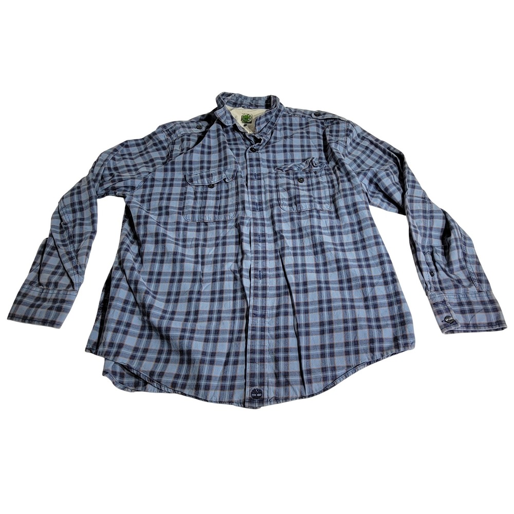 Timberland Mens XL Blue Plaid Utility Button‎ Down Shirt Epaulettes Long Sleeve